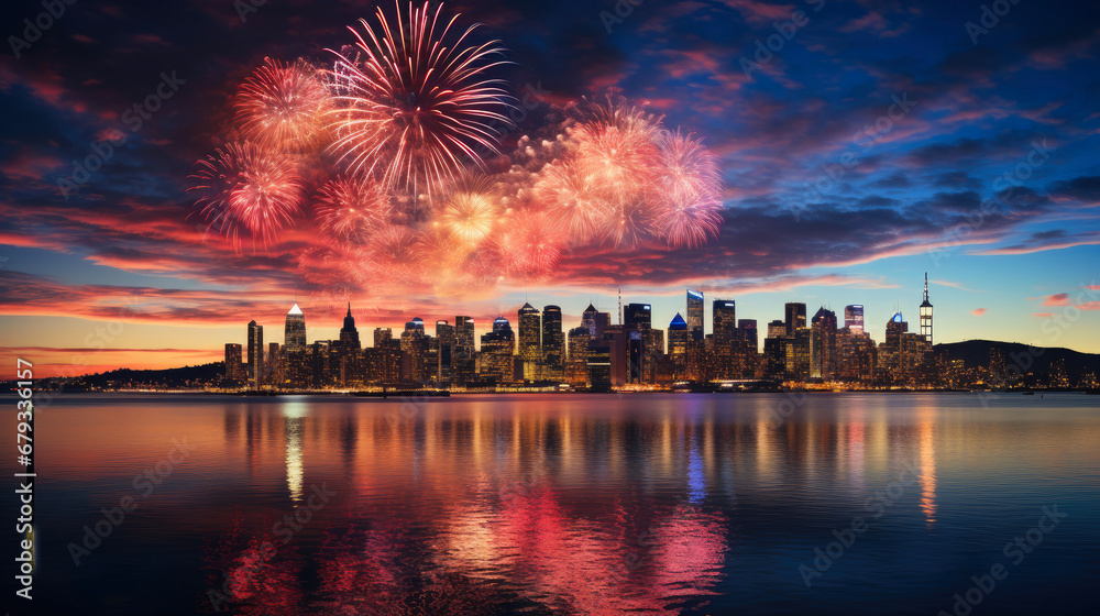 Luminous Night: Fireworks Dancing Above the Urban Horizon
