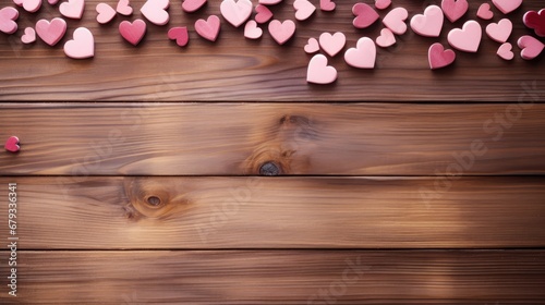 romantic vibes: Flatlay composition with hearts on a wooden background.