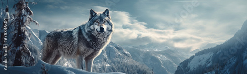 Wolf against the backdrop of a winter landscape.