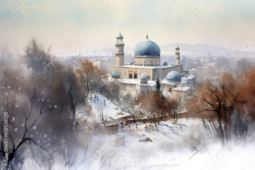 Uzbekistan, Tashkent in winter, watercolor illustration. AI generative
