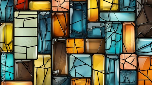 Abstract Composition of Stained Glass Fragments in Warm and Cool Tonalities Reflecting Light