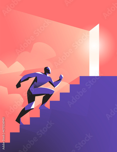 A man climbs the stairs towards the door from which divine light emanates