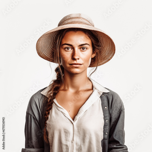 Jeune paysanne avec un chapeau sur fond blanc photo