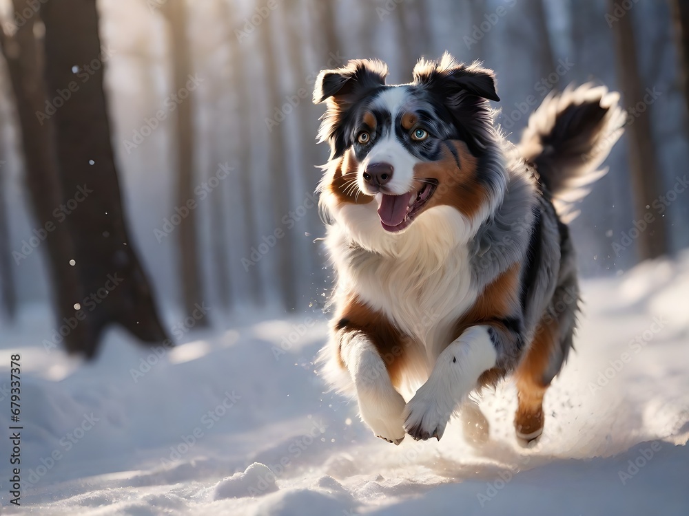 Active dog Australian Shepherd running and playing in the snow on the nature. Generative AI