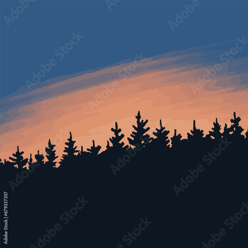A dramatic night sky with the glow of the sun. Coniferous forest silhouette on a blue background. Beautiful fantastic landscape. Vector art illustration