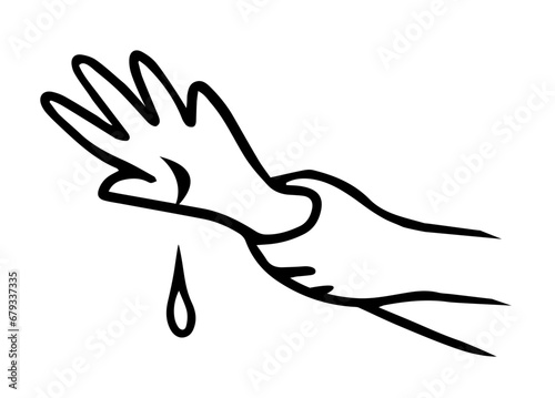 Domestic injury. Blood dripping from a wound. Cartoon vector illustration. Hand drawn line. Black and white sketch