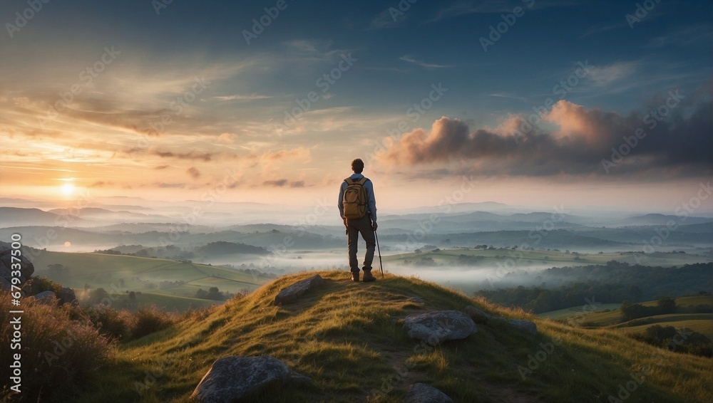 Golden Perspective: Man Walking on the Mountain at Sunset