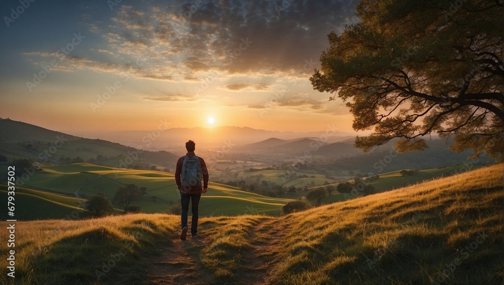 Path to success: man walking to the top at sunset Path to success: man walking to the top at sunset