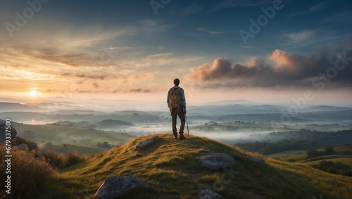Golden Perspective: Man Walking on the Mountain at Sunset © LdelaF