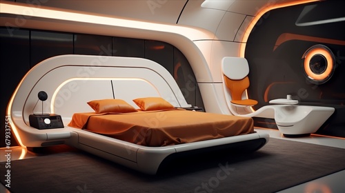 a retro-futuristic minimalist bedroom with neon accents and hidden storage in sleek, space-age furniture © Wardx