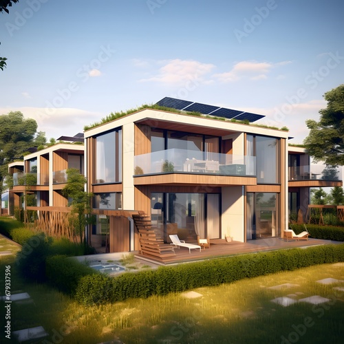 Modern eco-friendly multifamily homes with photovoltaic cells. © Nazmulkn