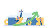 Vector illustration concept featuring a team of businessmen working together to solve puzzle and achieve success in business. Successful collaboration and cooperation lead to innovative solutions