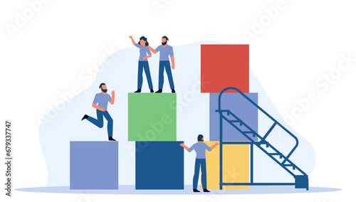Man in flat vector illustration showcases the idea of a young employee seizing the opportunity for career development and personal growth. Collaborative steps taken towards achieving corporate goals