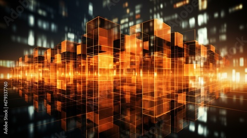 Virtual Reality Cityscape with Glowing Orange Digital Cubes Reflecting on a Glossy Surface