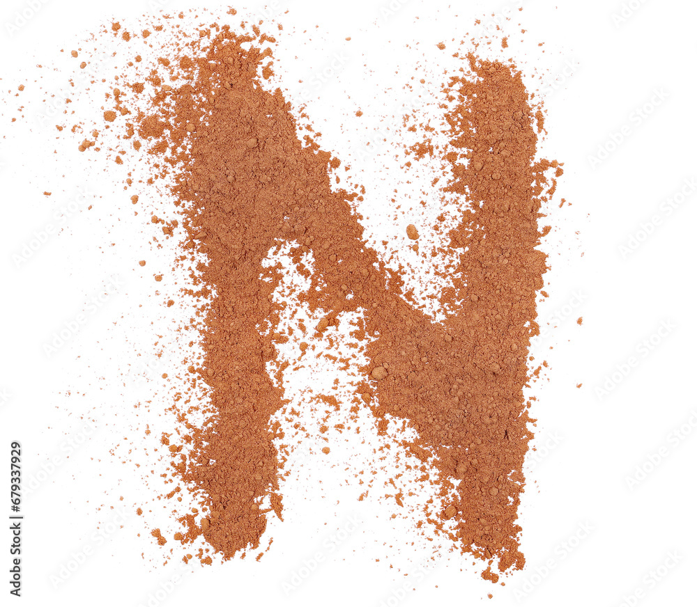 Cocoa powder alphabet letter N, symbol isolated on white, clipping path Cocoa powder alphabet letter N, symbol isolated on white, clipping path