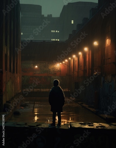 A man stands in the dark in an alley. Generative AI.