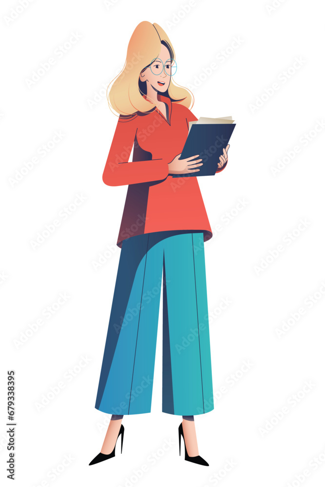 Elegant speaker woman. Stylish businesswoman or teacher lecturer holding a folder with documents and speaking. Woman character flat vector illustration for web design and presentations. Elegant speaker woman. Stylish businesswoman or teacher lecturer holding a folder with documents and speaking. Woman character flat vector illustration for web design and presentations.
