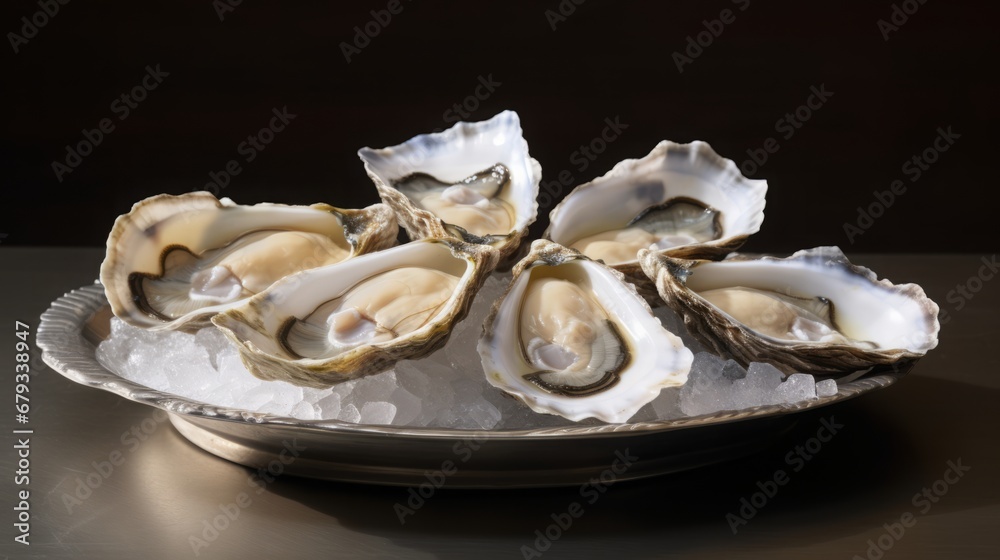 oysters in a plate on a black background.
