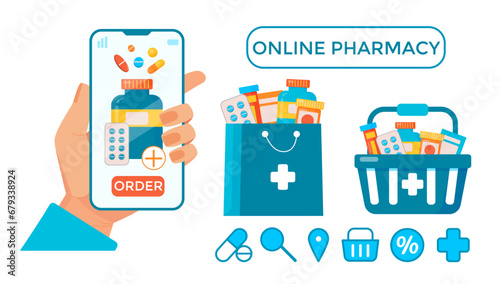 Online pharmacy illustration.Hand holding Smartphone with a bottle  with a bottle of pills.Shopping basket and bag with medical supplies. Drug store online application concept, online order. Vector 