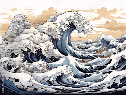 Japan swirl wave ocean painting illustration. tsunami drawing, Japanese asia and oriental traditional line art design.