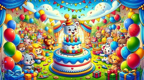 Scène d'anniversaire colorée avec gâteau, bougies, et bonbons. Décoration festive: ballons, cadeaux. Célébration joyeuse en couleurs vives photo