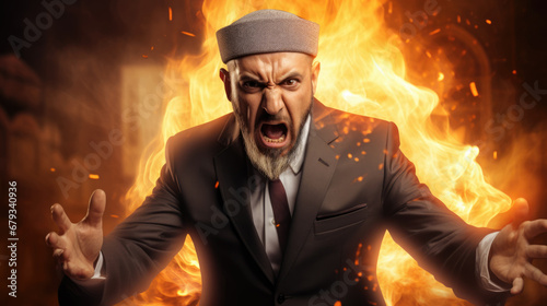 Furious Muslim businessman with big fire explosion in the background. 