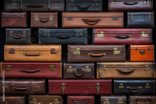 Multicolored suitcases neatly stacked on top of each other. Background with colorful suitcases. Wallpaper with a travel theme.