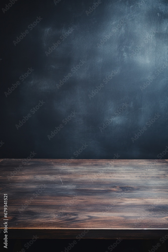 Close up of top Wooden table in dark wall background AI generated illustration