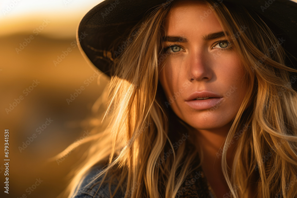 Beautiful brunette wearing a hat in the evening. Beautiful brunette wearing a hat in the evening.