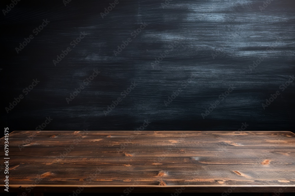 Close up of top Wooden table in dark wall background AI generated illustration Close up of top Wooden table in dark wall background AI generated illustration