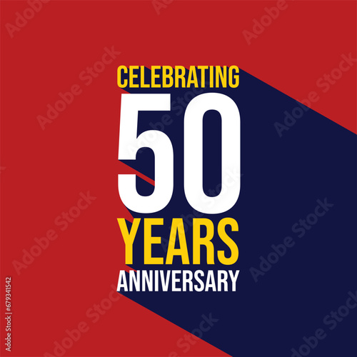 Celebrating 50 years anniversary template design with a long shadow on red background. 50th anniversary celebration event poster, invitation card, greeting card, banner, flyer, birthday wishing text.