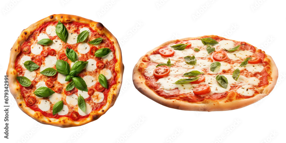 Pizza margherita with tomato, mozzarella and basil, two versions, isolated