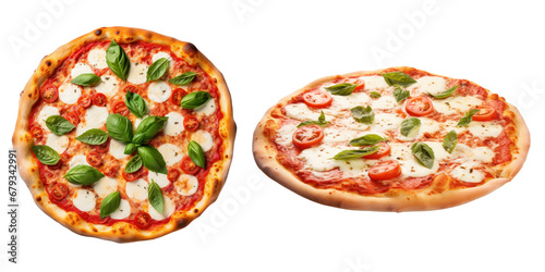 Pizza margherita with tomato, mozzarella and basil, two versions, isolated
