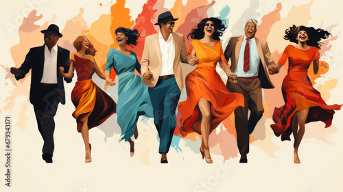 An illustration of a group of young adults rejoicing  laughing  dancing and doing physical activity