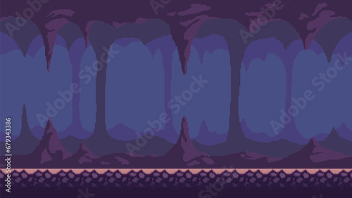 Pixel art game background, underground cave with stalactites and stalagmites. Vector 8-bit retro video game seamless cavern background.