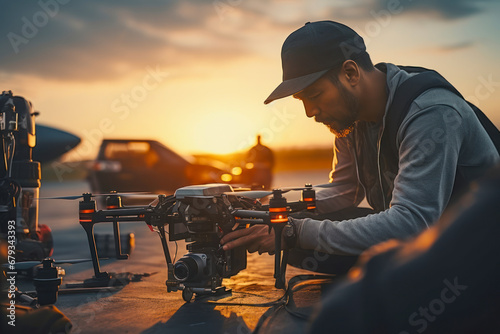 A drone operator adjusting camera settings, showcasing the technical control and expertise. photo