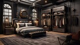 a steampunk minimalist bedroom with industrial accents and hidden storage in vintage trunks