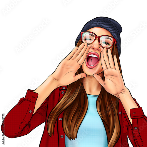 Girl screaming like in megaphone holding hands near her face with open mouth, comic pop art illustration. Young woman wearing hat and glasses touts everyone over white background.