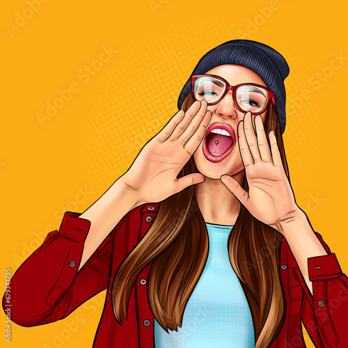 Girl screaming like in megaphone holding hands near her face with open mouth, comic pop art illustration. Young woman wearing hat and glasses touts everyone over yellow background.