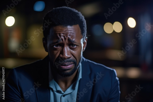 Tearful African man showing deep emotion at night.