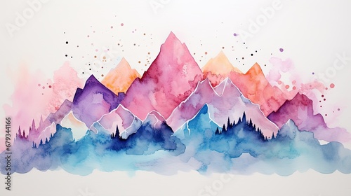 Simple watercolor colorful mountains painting