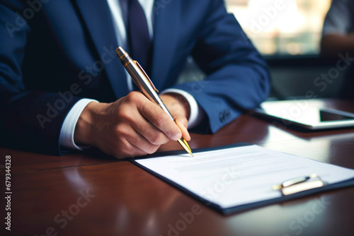 A business executive confidently signing a contract with a fountain pen.