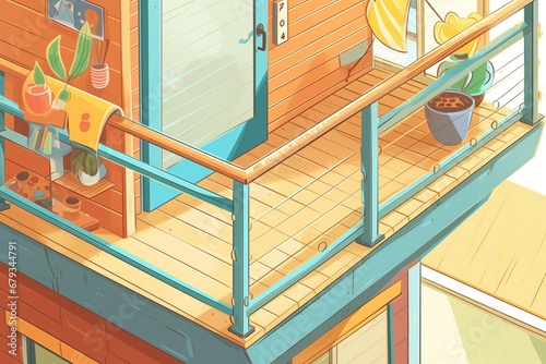 close-up detail of a-frame house loft balcony railing, magazine style illustration