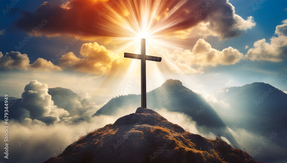 holy cross symbolizing the death and resurrection of jesus christ with the sky over golgotha hill is shrouded in light and clouds apocalypse concept - obrazy, fototapety, plakaty 