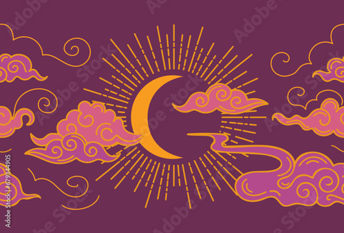 Wallpaper Mural Moon and clouds in Asian style. Seamless border. Pink and gold. Vector vintage illustration. Traditional ornaments in Chinese, Korean and Japanese oriental style. For wallpaper, fabric, background Torontodigital.ca