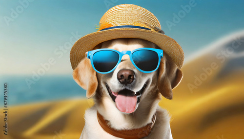 happy dog in sunglasses and hat on background illustration ai © RichieS