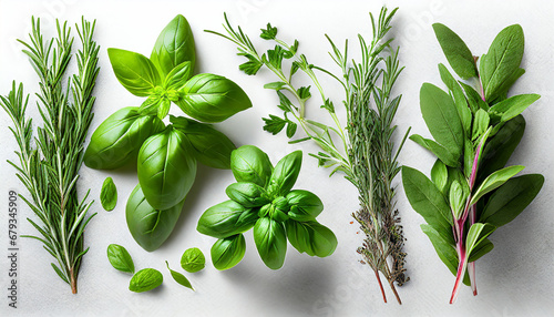 collection of fresh herb leaves thymeand basil spices herbs on a white table png food background design element with shadow on background photo