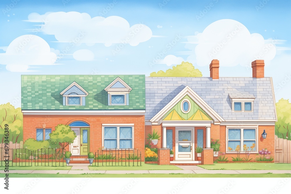 cape cod homes brick facades surrounded by green grass, magazine style illustration