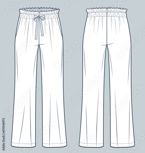Ruffled Pants technical fashion illustration. Pajama Pants fashion technical drawing template, drawstring, relaxed fit, front, back view, white, women, men, unisex Activewear, Sleepwear CAD mockup.