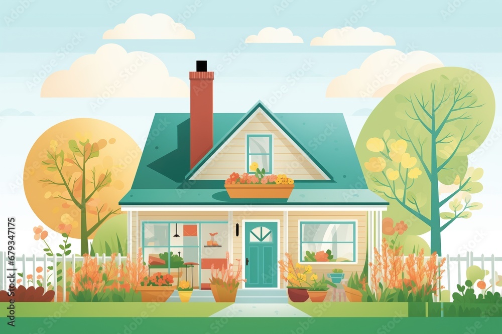 Fototapeta premium cape cod home with a side gable roof surrounded by lush greenery, magazine style illustration